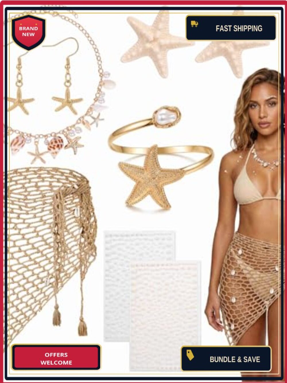 Mermaid Costume Accessory Set Starfish Jewelry Crochet Sarong Cosplay